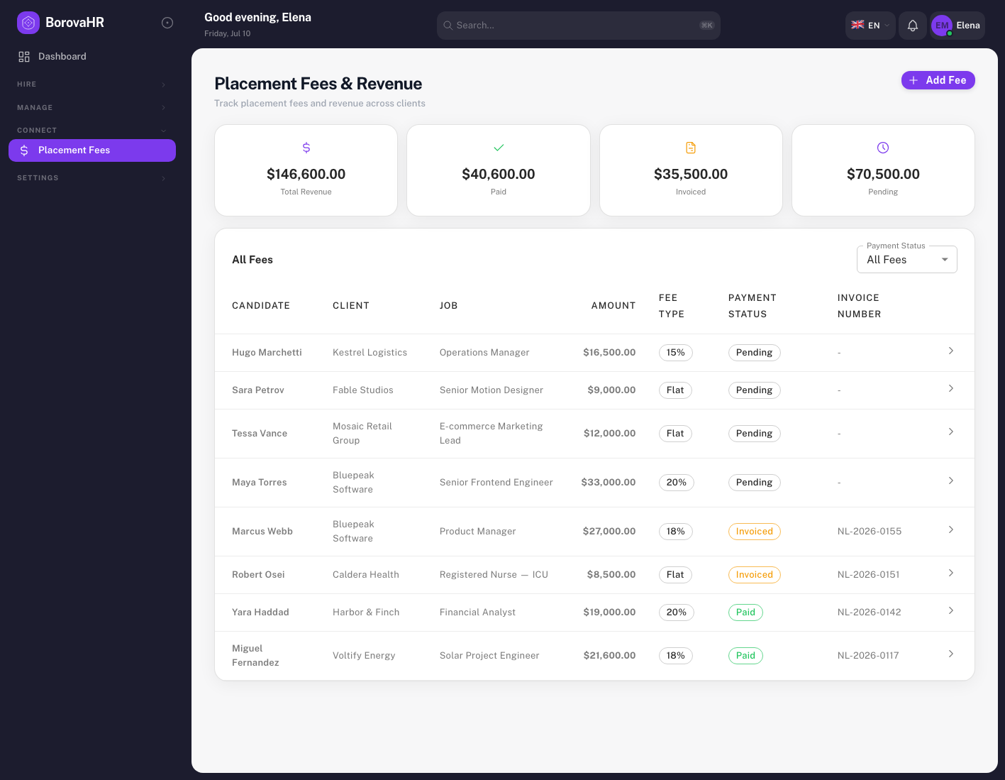 Placement Fees - Track revenue and invoices
