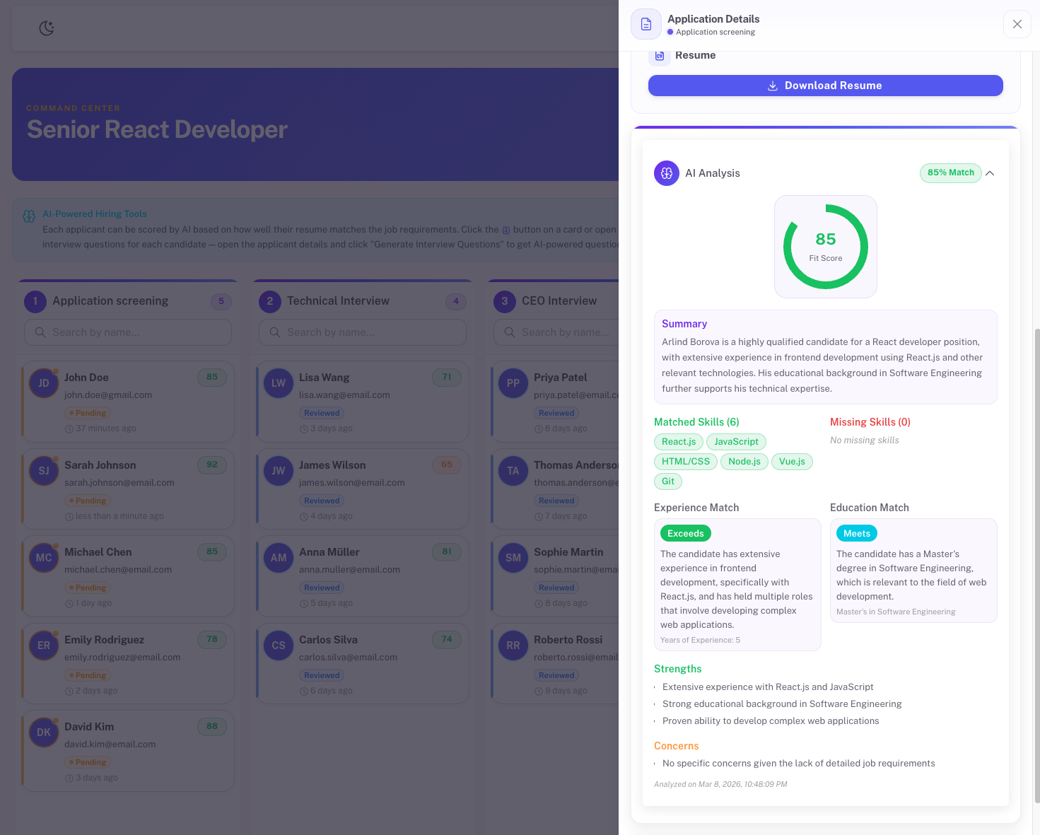 AI Candidate Analysis - Deep AI scoring with skill matching