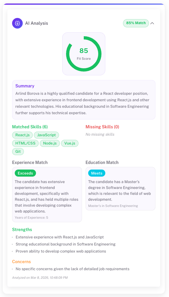 AI Resume Scoring - Automatic candidate scoring with detailed skill analysis